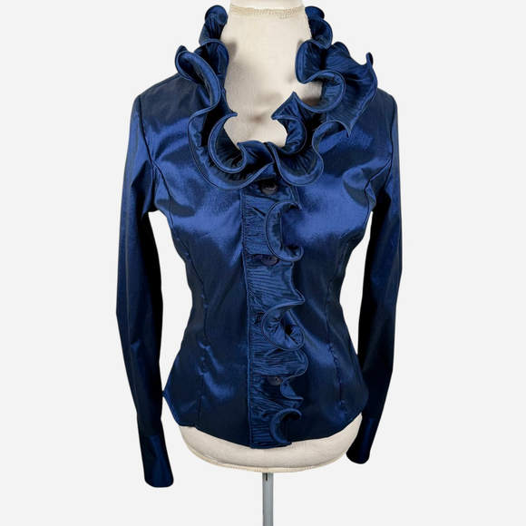 Samuel Dong Blue Satin Wired Ruffle Button Top Blouse Stretch Artsy Chic Size 8 - Picture 2 of 13